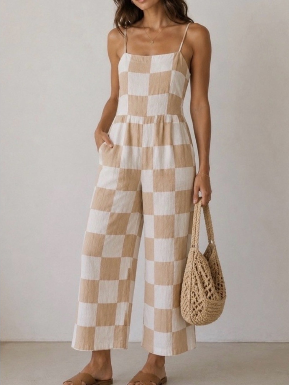 Brixton Beige and White Checkered Linen Jumpsuit